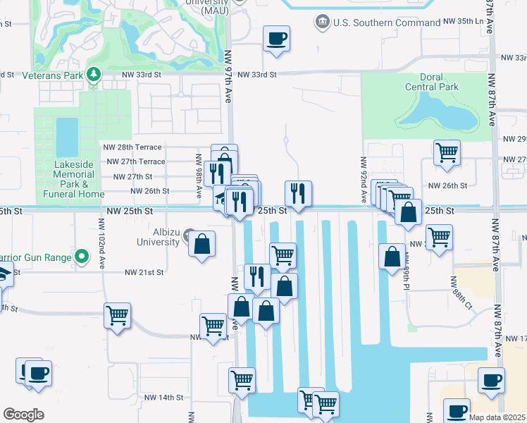 map of restaurants, bars, coffee shops, grocery stores, and more near 9560 Northwest 25th Street in Doral