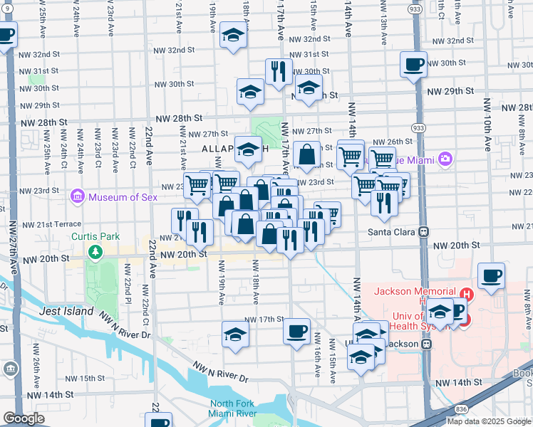 map of restaurants, bars, coffee shops, grocery stores, and more near 1761 Northwest 21st Terrace in Miami