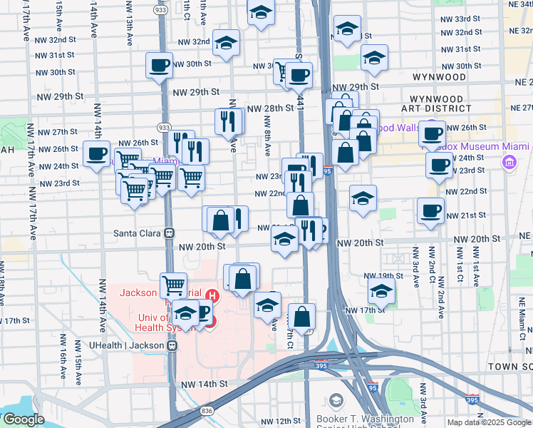 map of restaurants, bars, coffee shops, grocery stores, and more near 2136 Northwest 8th Avenue in Miami