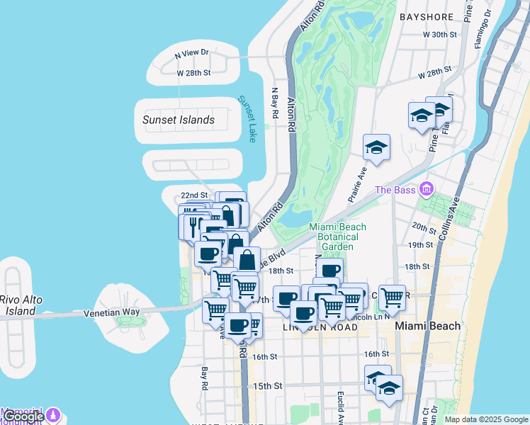 map of restaurants, bars, coffee shops, grocery stores, and more near 2031 North Bay Road in Miami Beach