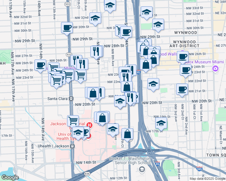 map of restaurants, bars, coffee shops, grocery stores, and more near 2136 Northwest 8th Avenue in Miami