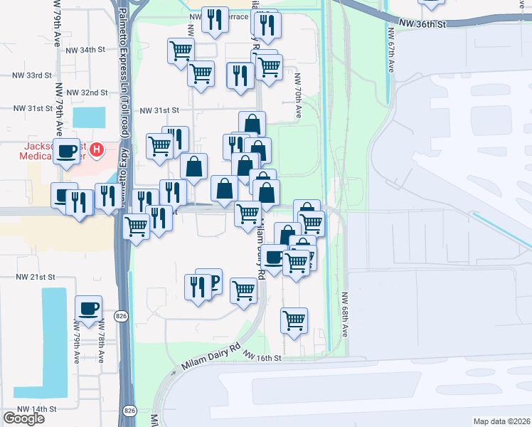 map of restaurants, bars, coffee shops, grocery stores, and more near 2491 Milam Dairy Road in Miami