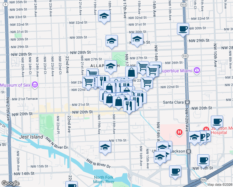 map of restaurants, bars, coffee shops, grocery stores, and more near 1761 Northwest 21st Terrace in Miami