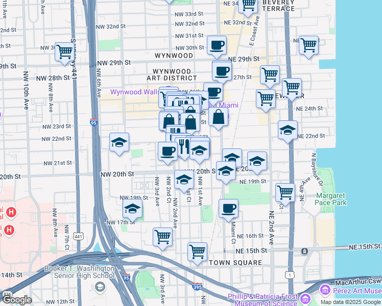 map of restaurants, bars, coffee shops, grocery stores, and more near 2105 Northwest 1st Court in Miami