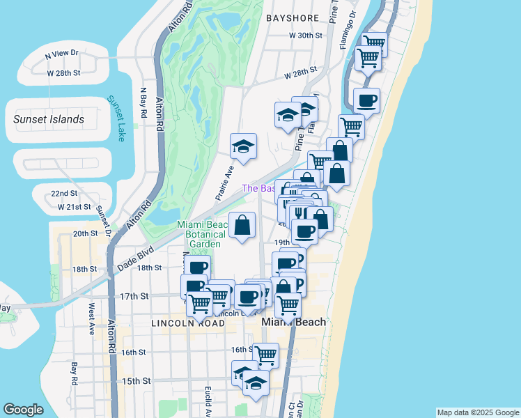 map of restaurants, bars, coffee shops, grocery stores, and more near 430 21st Street in Miami Beach