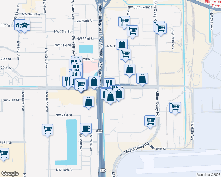 map of restaurants, bars, coffee shops, grocery stores, and more near 7650 Northwest 25th Street in Miami