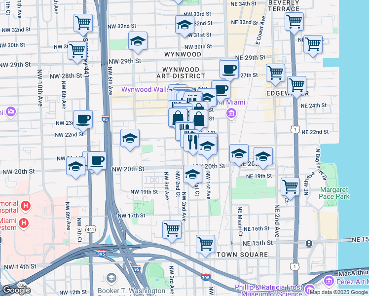 map of restaurants, bars, coffee shops, grocery stores, and more near 2121 Northwest 2nd Avenue in Miami