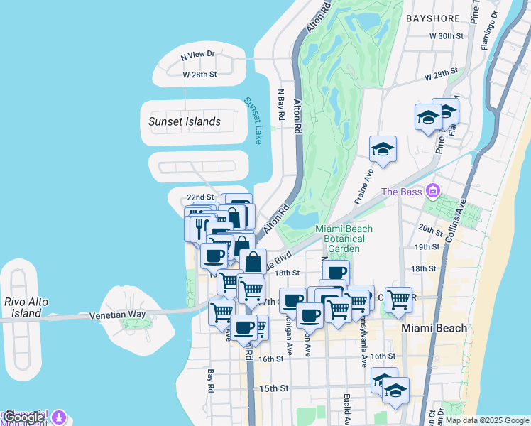 map of restaurants, bars, coffee shops, grocery stores, and more near 2031 North Bay Road in Miami Beach