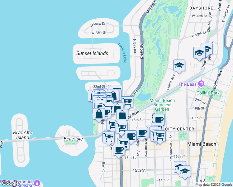 map of restaurants, bars, coffee shops, grocery stores, and more near 2001 Lake Avenue in Miami Beach