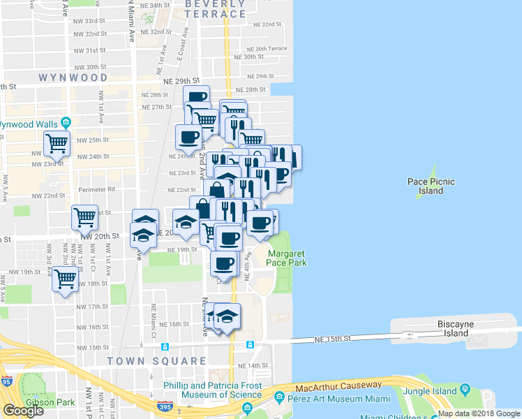 map of restaurants, bars, coffee shops, grocery stores, and more near 2060 North Bayshore Drive in Miami