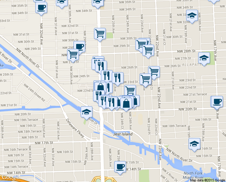 map of restaurants, bars, coffee shops, grocery stores, and more near 2188 Northwest 25th Avenue in Miami