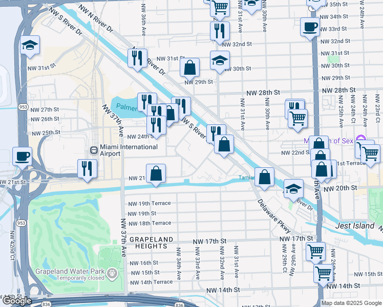 map of restaurants, bars, coffee shops, grocery stores, and more near 3355 Northwest 22nd Street Road in Miami