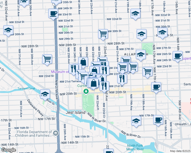 map of restaurants, bars, coffee shops, grocery stores, and more near 2175 Northwest 23rd Avenue in Miami