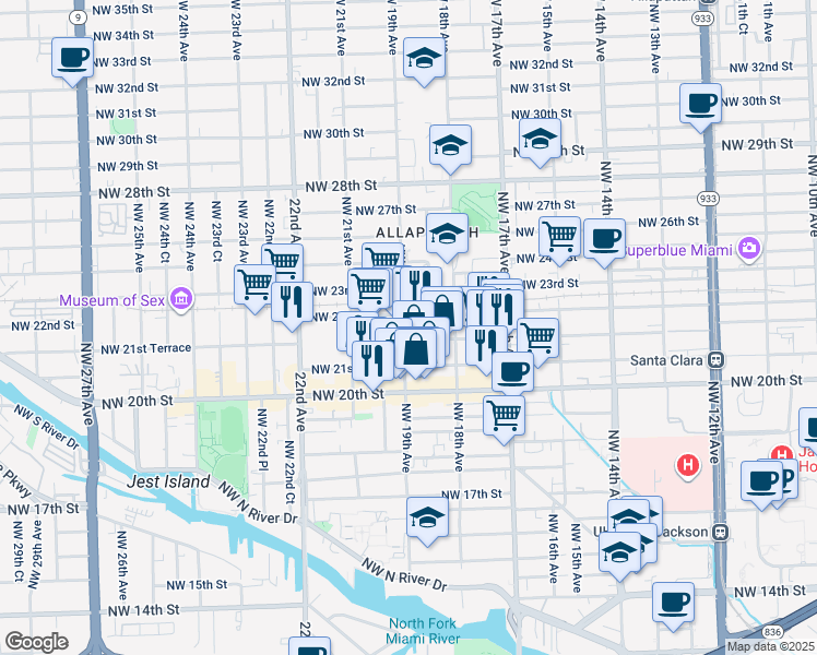 map of restaurants, bars, coffee shops, grocery stores, and more near 2167 Northwest 19th Avenue in Miami