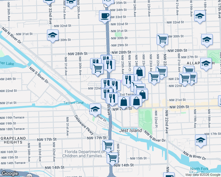 map of restaurants, bars, coffee shops, grocery stores, and more near 2201 Northwest 27th Avenue in Miami