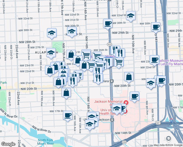map of restaurants, bars, coffee shops, grocery stores, and more near 1335 Northwest 21st Terrace in Miami