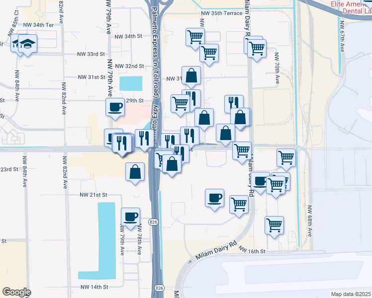 map of restaurants, bars, coffee shops, grocery stores, and more near 7498 Northwest 25th Street in Miami