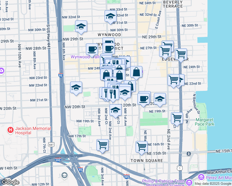 map of restaurants, bars, coffee shops, grocery stores, and more near 2105 Northwest 1st Court in Miami