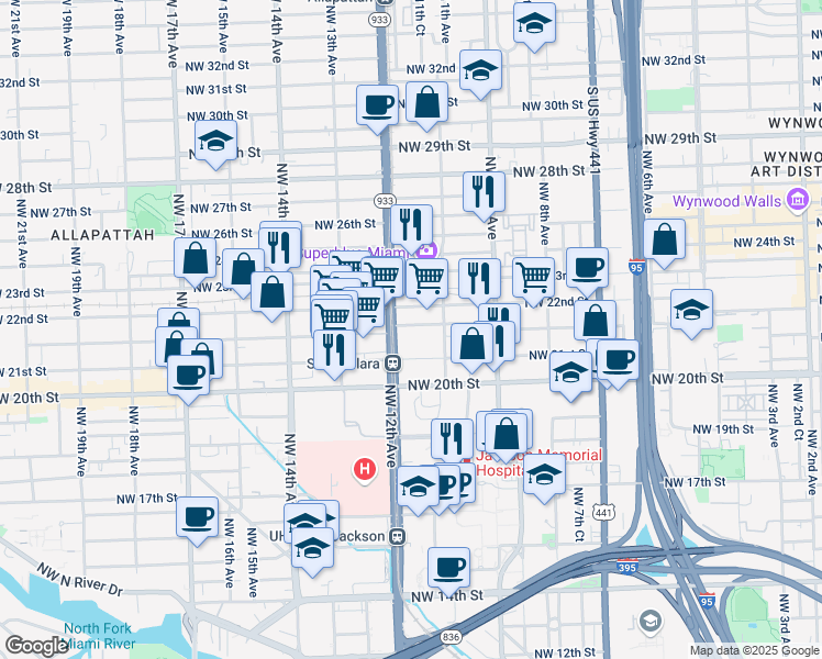 map of restaurants, bars, coffee shops, grocery stores, and more near 1160 Northwest 21st Terrace in Miami