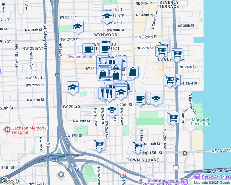 map of restaurants, bars, coffee shops, grocery stores, and more near 2105 Northwest 1st Court in Miami