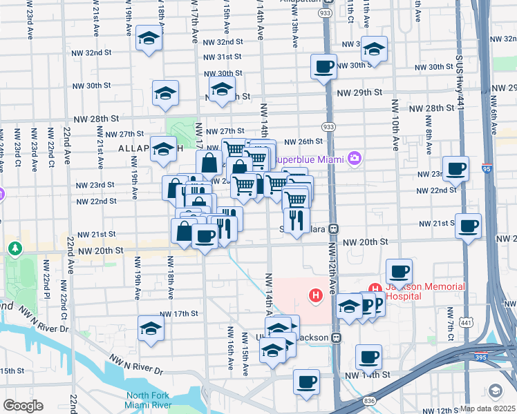 map of restaurants, bars, coffee shops, grocery stores, and more near 1415 Northwest 21st Terrace in Miami