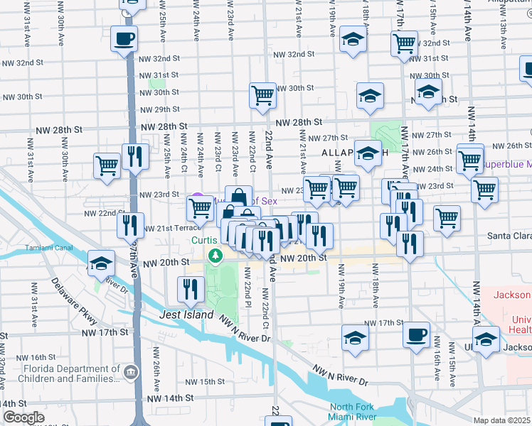 map of restaurants, bars, coffee shops, grocery stores, and more near 2196 Northwest 22nd Avenue in Miami