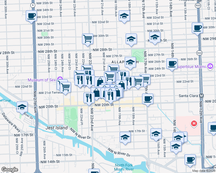 map of restaurants, bars, coffee shops, grocery stores, and more near 2036 Northwest 22nd Street in Miami