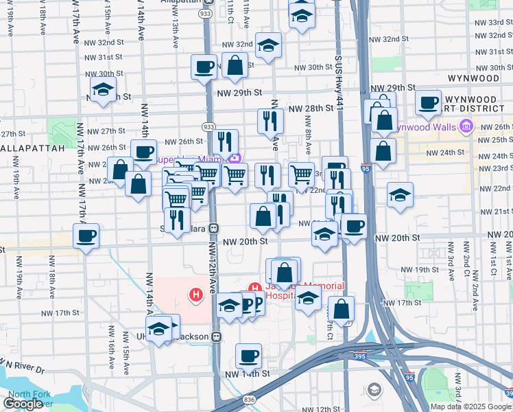 map of restaurants, bars, coffee shops, grocery stores, and more near 1058 Northwest 21st Terrace in Miami