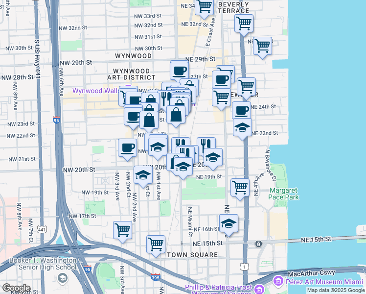 map of restaurants, bars, coffee shops, grocery stores, and more near 2105 North Miami Avenue in Miami