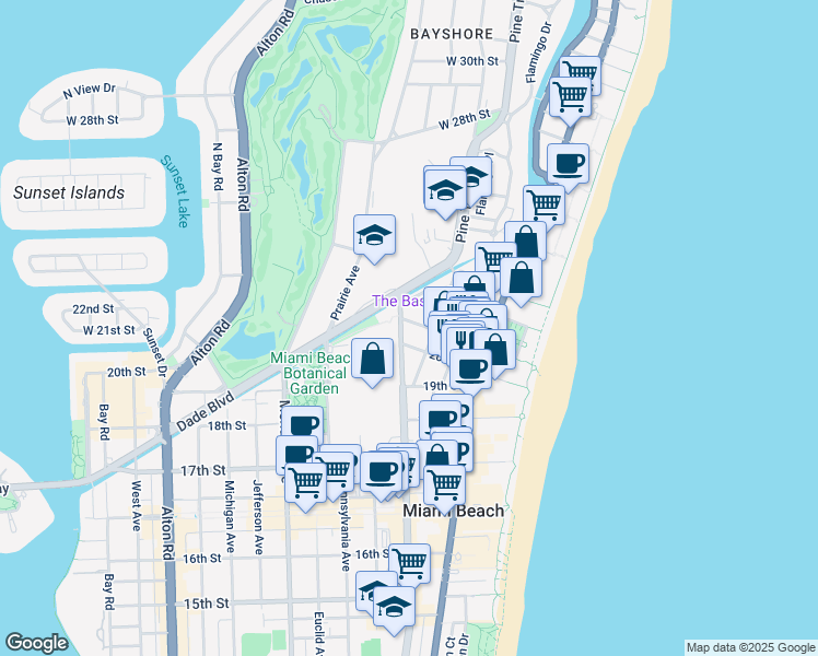 map of restaurants, bars, coffee shops, grocery stores, and more near 430 21st Street in Miami Beach