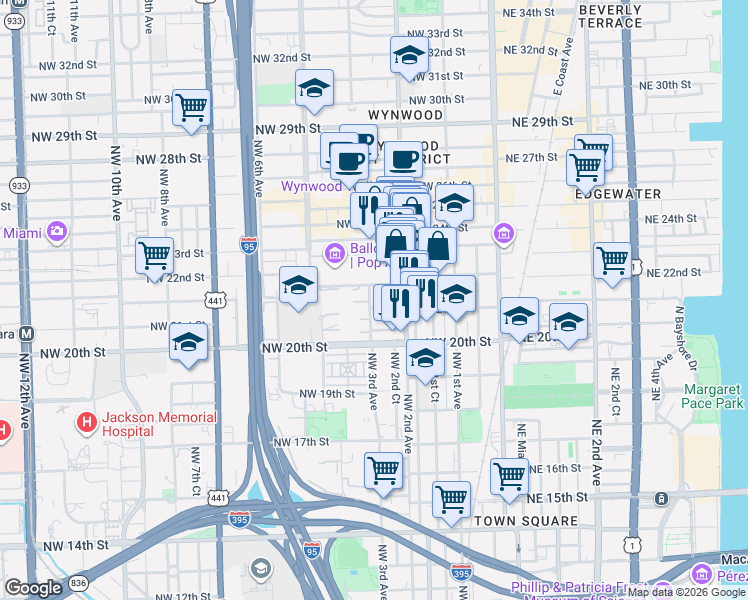 map of restaurants, bars, coffee shops, grocery stores, and more near 2140 Northwest 3rd Avenue in Miami