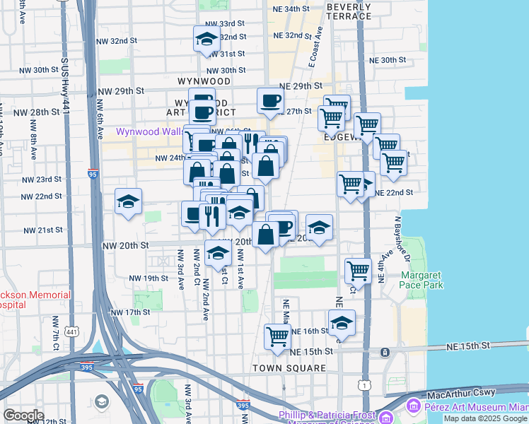 map of restaurants, bars, coffee shops, grocery stores, and more near 45 Northwest 21st Street in Miami