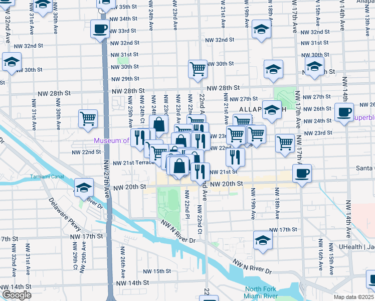 map of restaurants, bars, coffee shops, grocery stores, and more near 2175 Northwest 23rd Avenue in Miami
