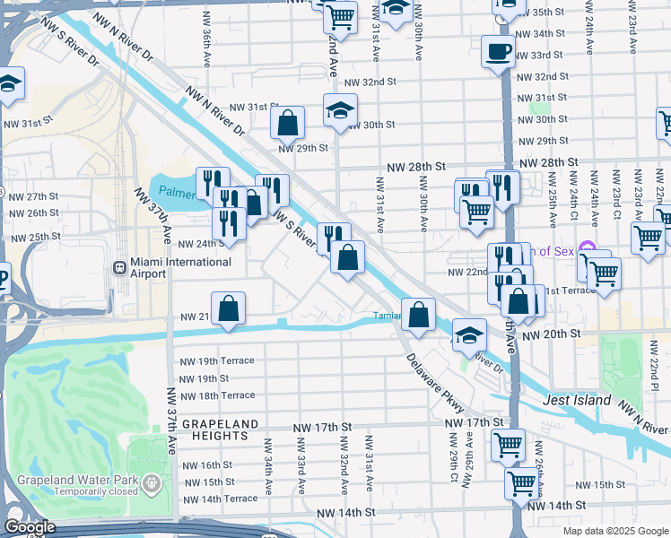 map of restaurants, bars, coffee shops, grocery stores, and more near 3290 Northwest South River Drive in Miami