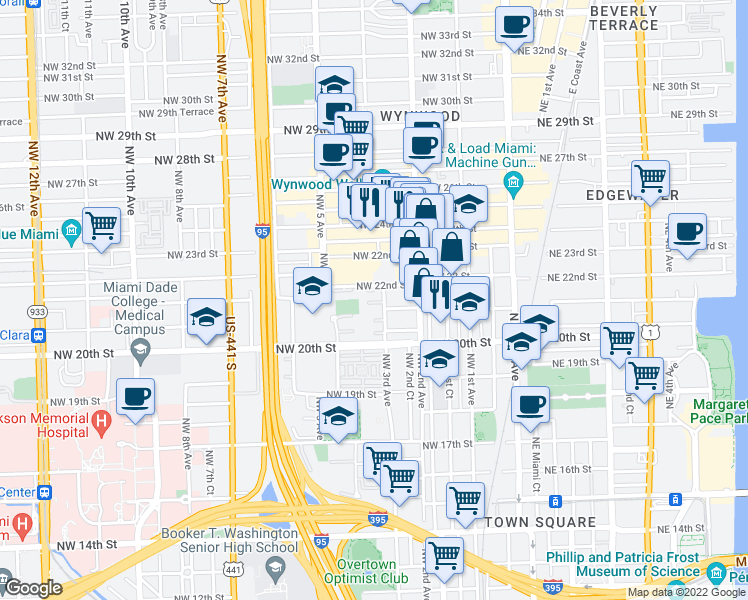 map of restaurants, bars, coffee shops, grocery stores, and more near 2140 Northwest 3rd Avenue in Miami
