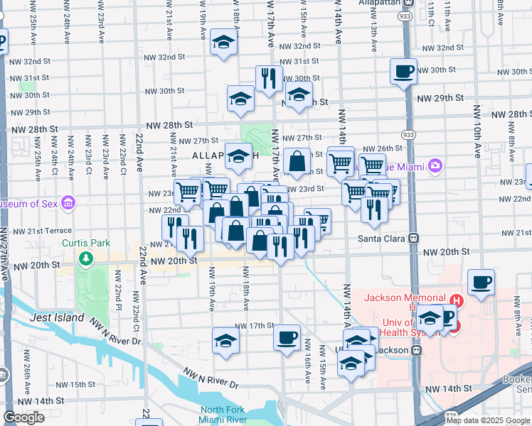 map of restaurants, bars, coffee shops, grocery stores, and more near 1761 Northwest 21st Terrace in Miami