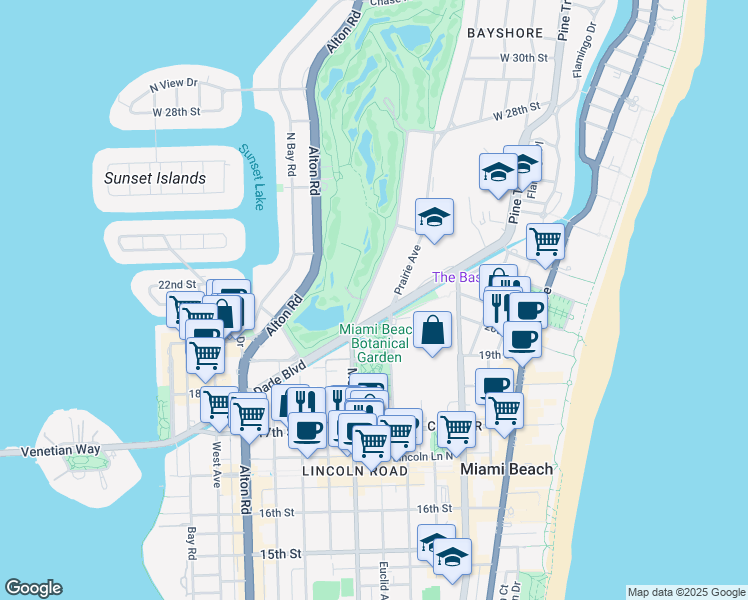 map of restaurants, bars, coffee shops, grocery stores, and more near 2021 Meridian Avenue in Miami Beach
