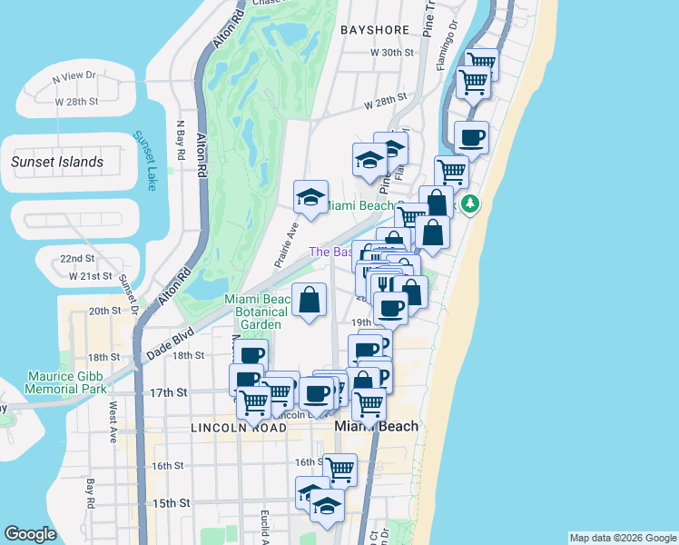 map of restaurants, bars, coffee shops, grocery stores, and more near 430 21st Street in Miami Beach