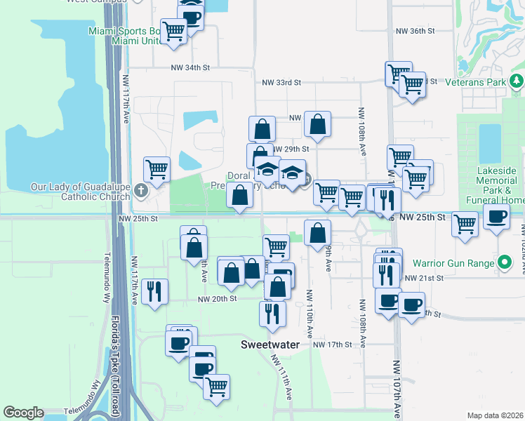 map of restaurants, bars, coffee shops, grocery stores, and more near 2520 Northwest 112th Avenue in Doral