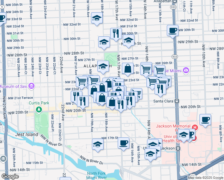 map of restaurants, bars, coffee shops, grocery stores, and more near 1761 Northwest 21st Terrace in Miami