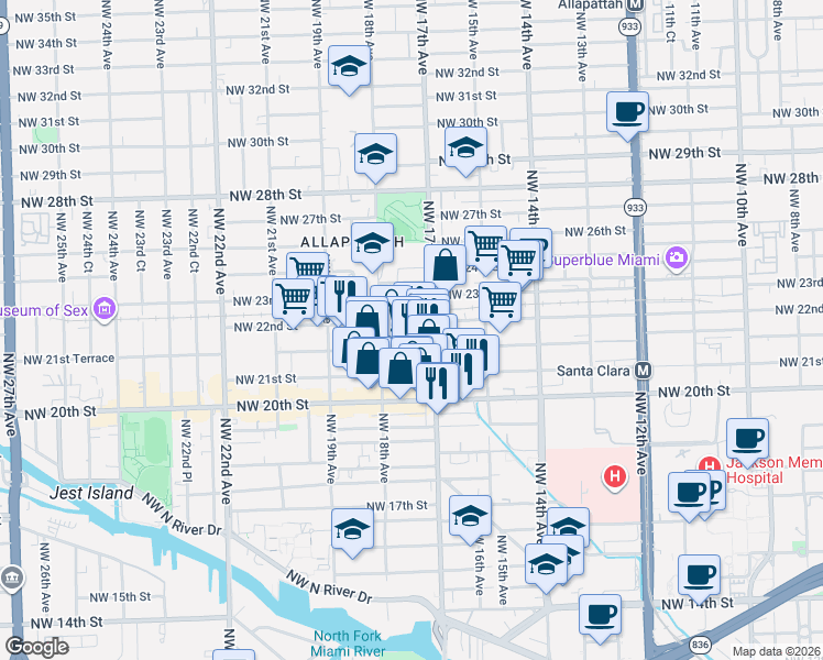 map of restaurants, bars, coffee shops, grocery stores, and more near 1761 Northwest 21st Terrace in Miami