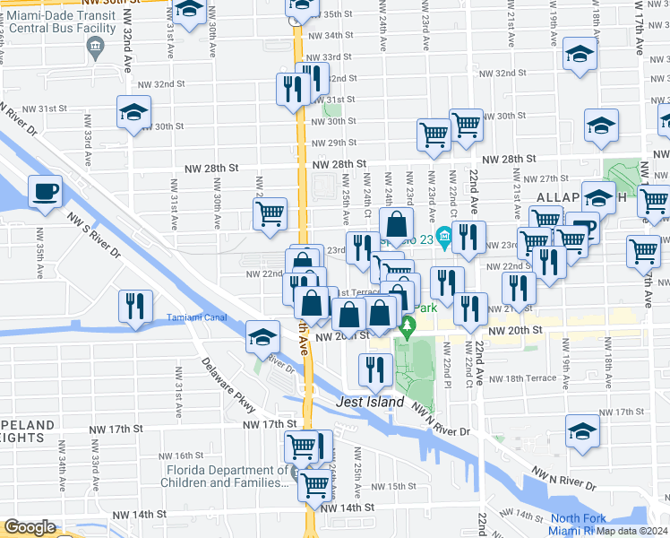 map of restaurants, bars, coffee shops, grocery stores, and more near 2188 Northwest 25th Avenue in Miami