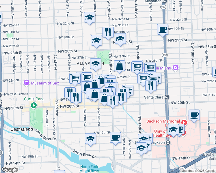map of restaurants, bars, coffee shops, grocery stores, and more near 1761 Northwest 21st Terrace in Miami