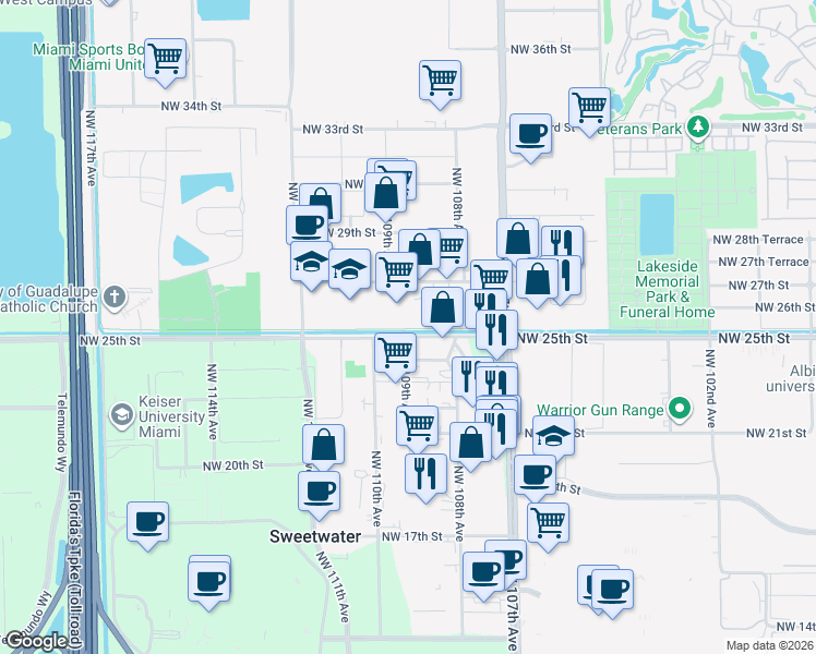 map of restaurants, bars, coffee shops, grocery stores, and more near 10900 Beacon Trail in Doral
