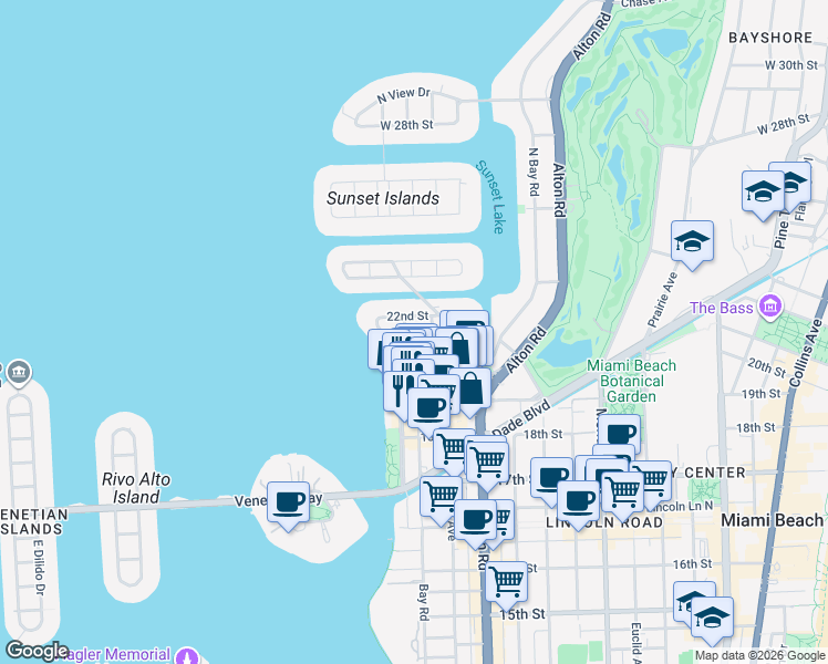 map of restaurants, bars, coffee shops, grocery stores, and more near 1500 West 21st Street in Miami Beach