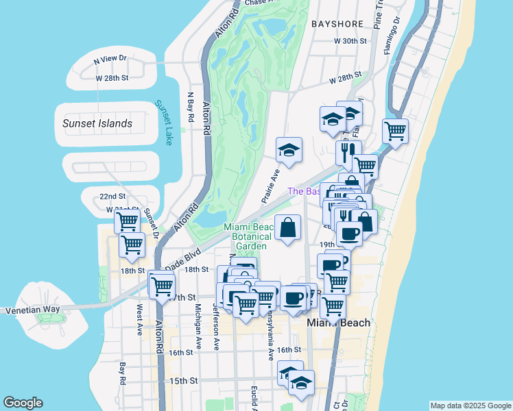 map of restaurants, bars, coffee shops, grocery stores, and more near 2020 Prairie Avenue in Miami Beach