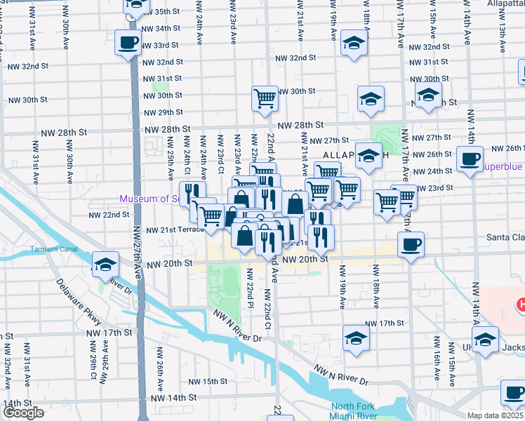 map of restaurants, bars, coffee shops, grocery stores, and more near 2196 Northwest 22nd Avenue in Miami