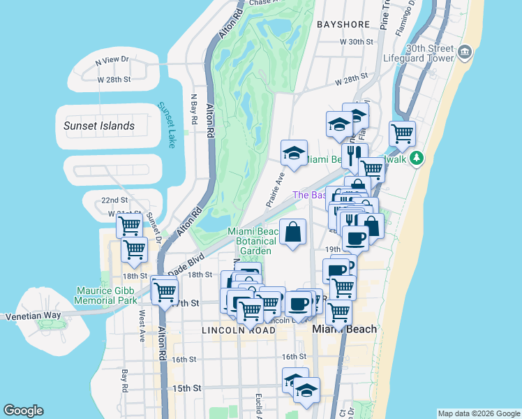 map of restaurants, bars, coffee shops, grocery stores, and more near 2038 Prairie Avenue in Miami Beach