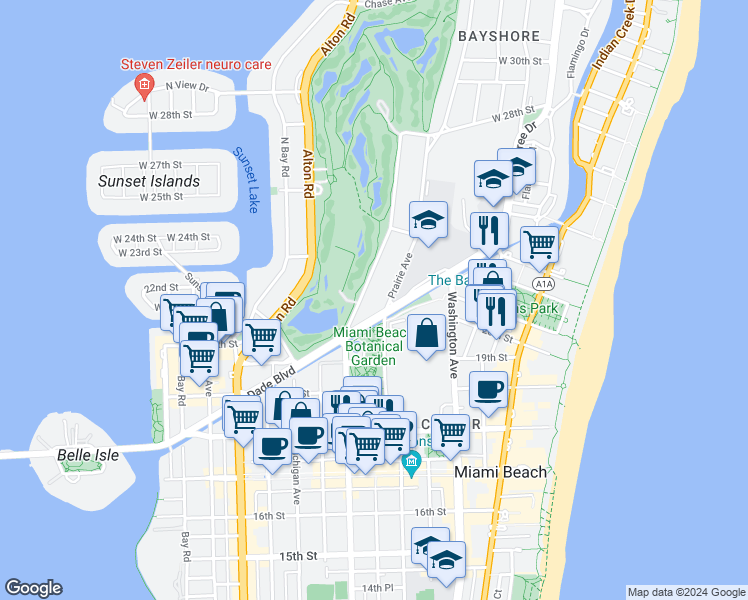 map of restaurants, bars, coffee shops, grocery stores, and more near 2001 Meridian Avenue in Miami Beach