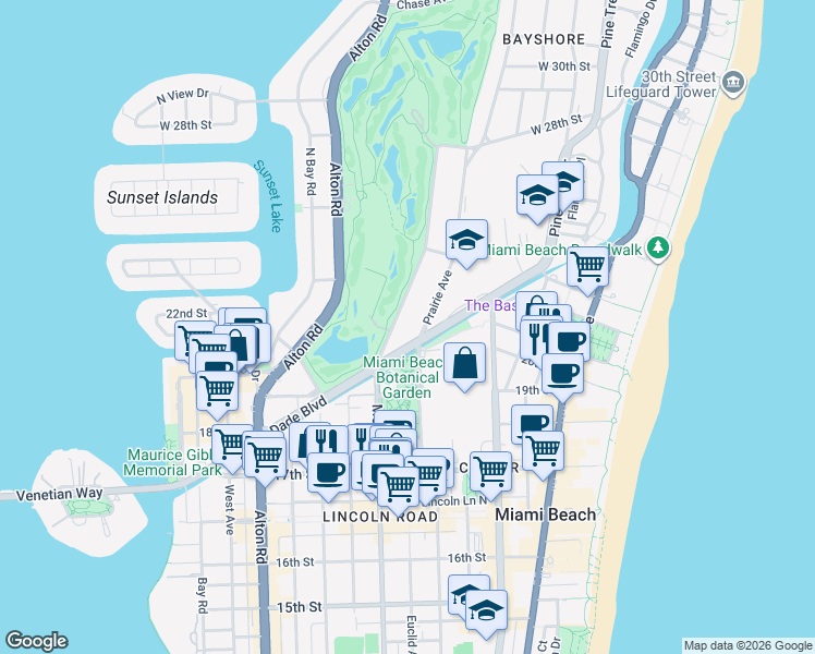 map of restaurants, bars, coffee shops, grocery stores, and more near 2001 Meridian Avenue in Miami Beach